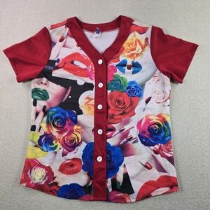 Y2K Pop Art Lips Roses Graphic Button Shirt Red Women Size M